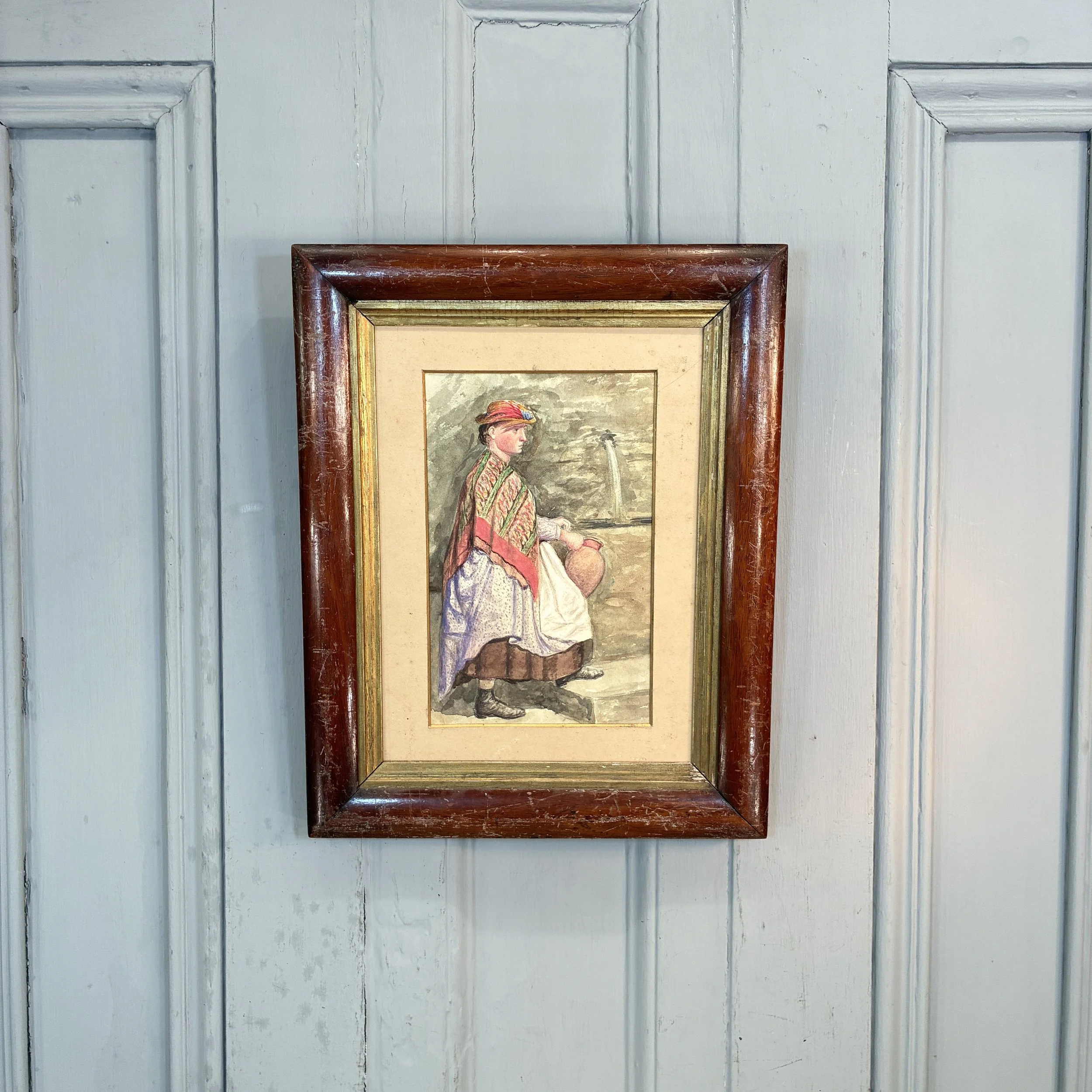 Antique watercolour painting of girl with pitcher at well