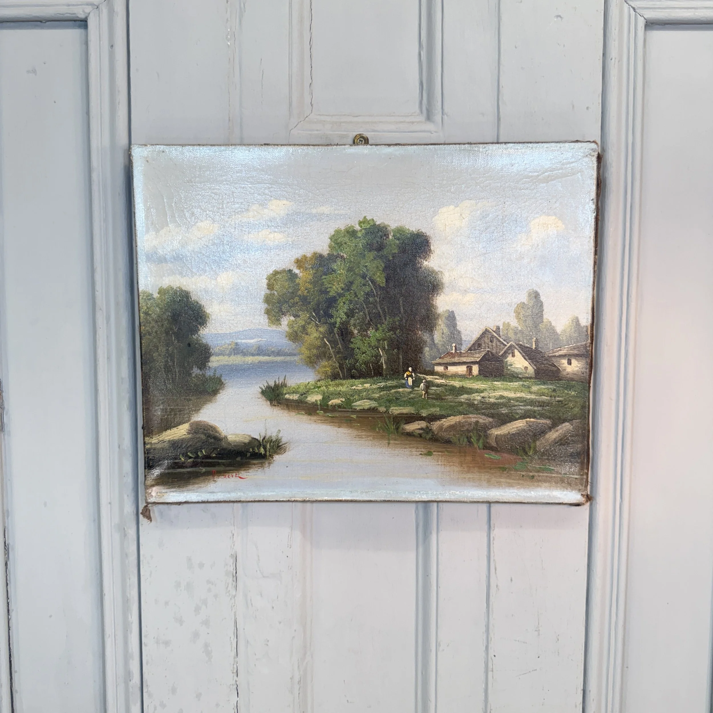 Antique French Alpine river landscape oil painting signed Robert