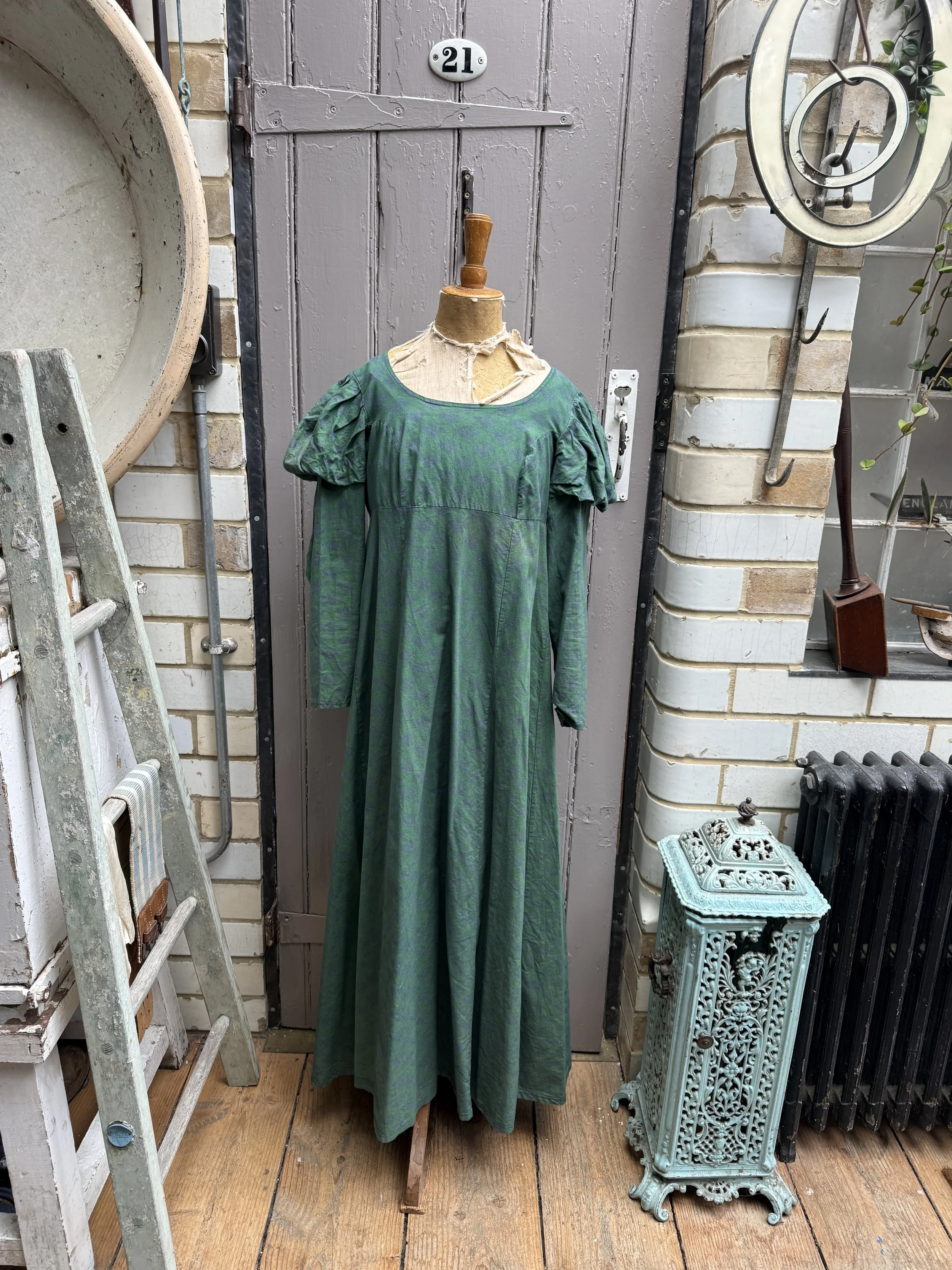 Vintage Laura Ashley 1970s long green floral print Empire style dress size UK 12