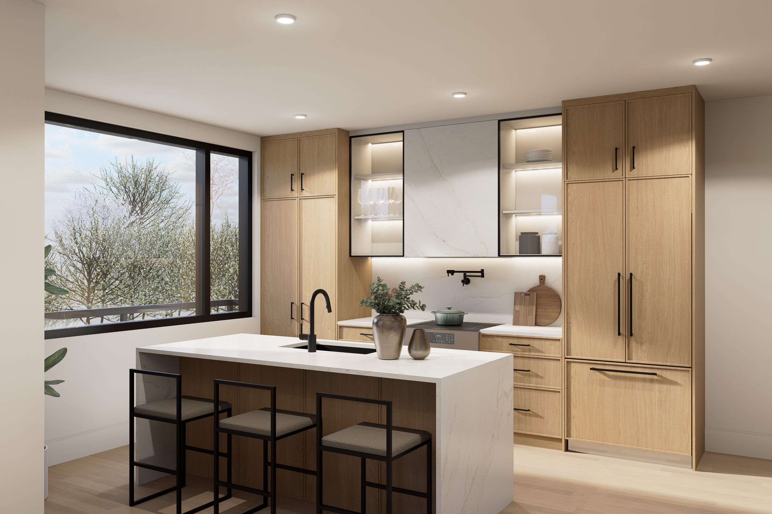Modern kitchen interior with marble countertops, wooden cabinets, and bar stools. There are large windows with curtains, a dining table set, and a decorative plants.