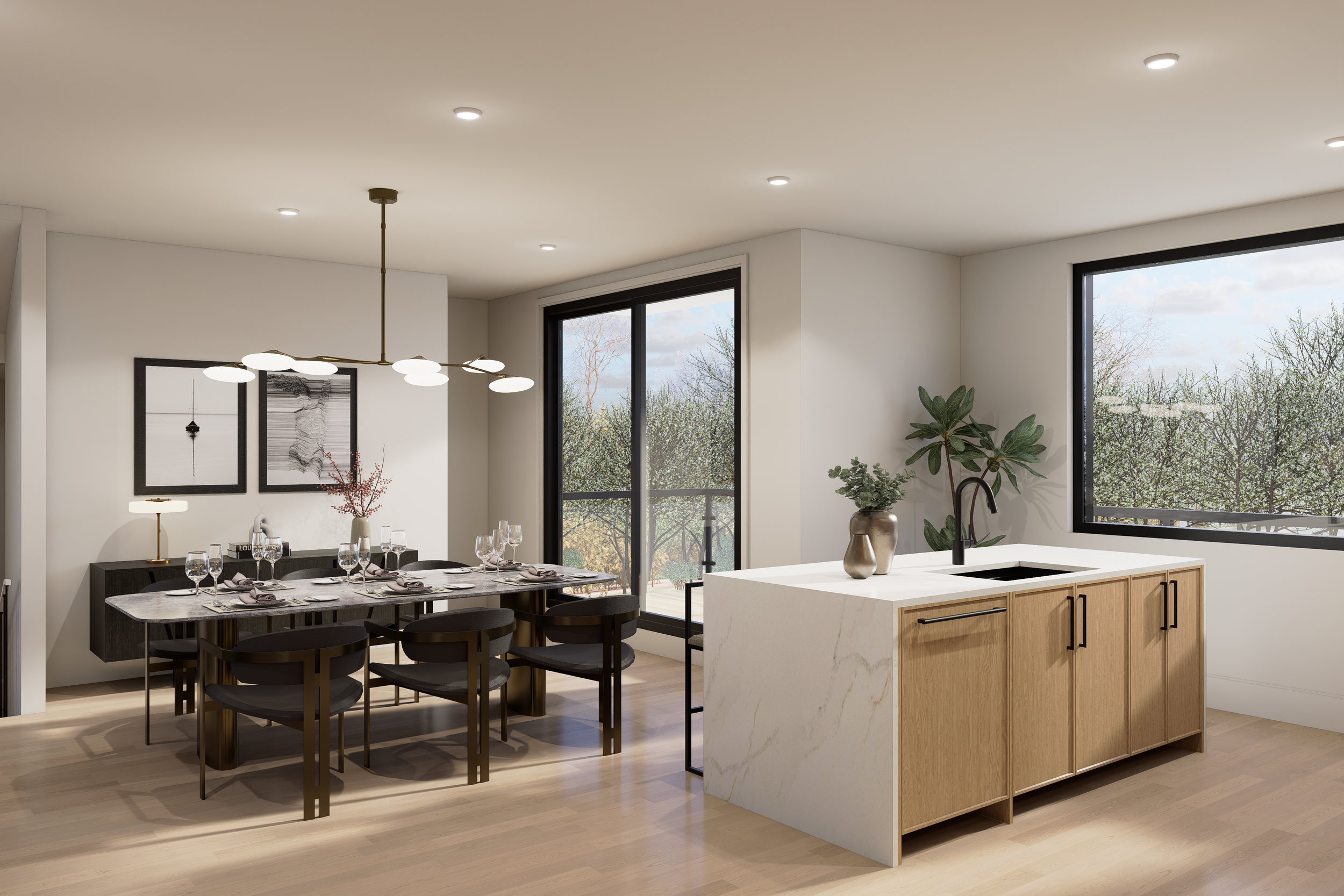 Modern dining room and kitchen with wood and marble finishes, large windows, a contemporary chandelier, and an elegant table setting.