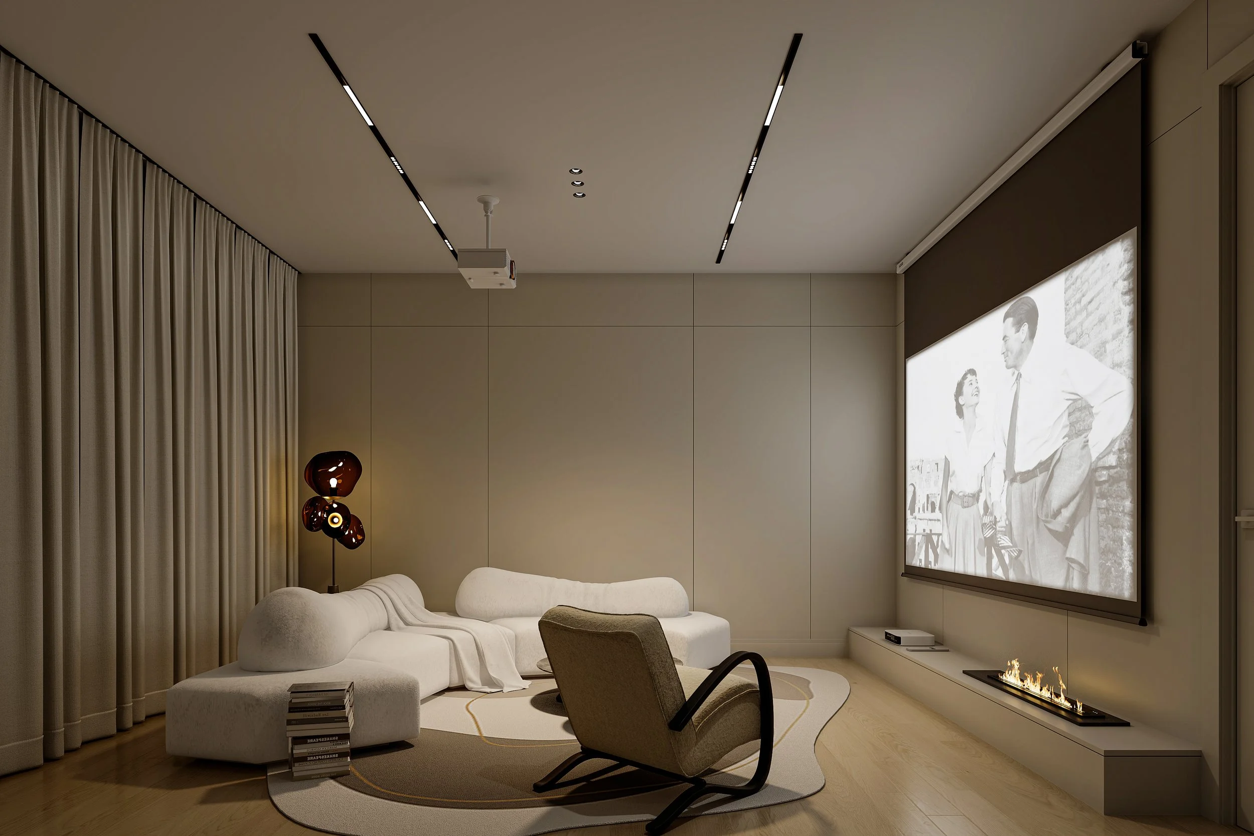 Modern home theater room with a white sectional sofa, beige rocking chair, projector screen displaying a black and white movie, unique floor lamp, and a sleek fireplace.