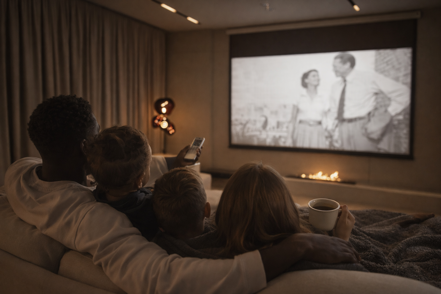 A family of four sitting together on a sofa in a warm, modern home theater, watching a movie projected on a large screen.