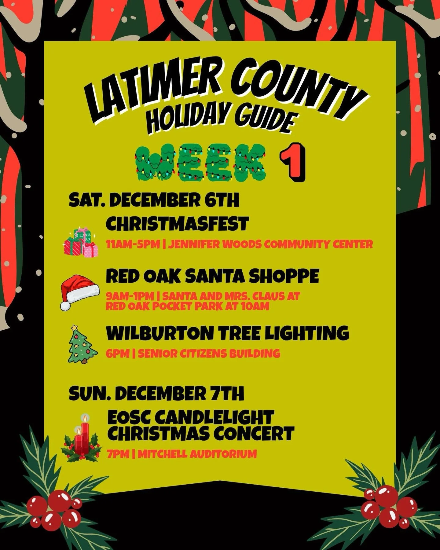 🎄&rsquo;TIS THE SEASON TO LIGHT IT UP! 🎄

The holiday season officially kicks off in Latimer County, and Week 1 is already stacked with the kind of festive, hometown magic we wait for all year.

Grab your people, bundle up, and mark those calendars
