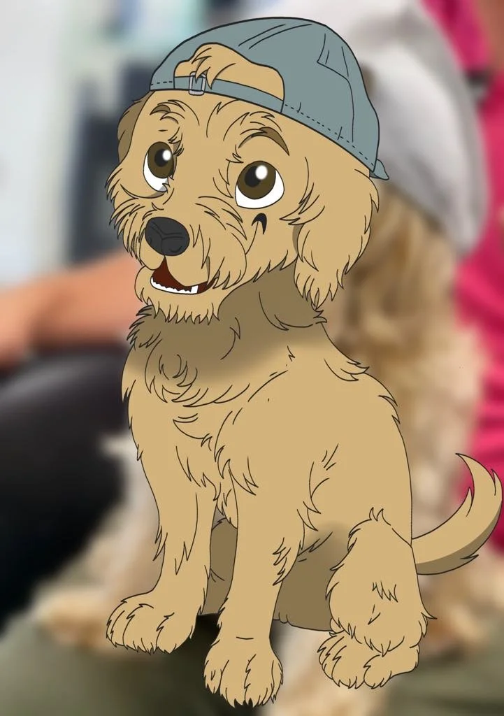 Cartoon dog wearing a blue cap