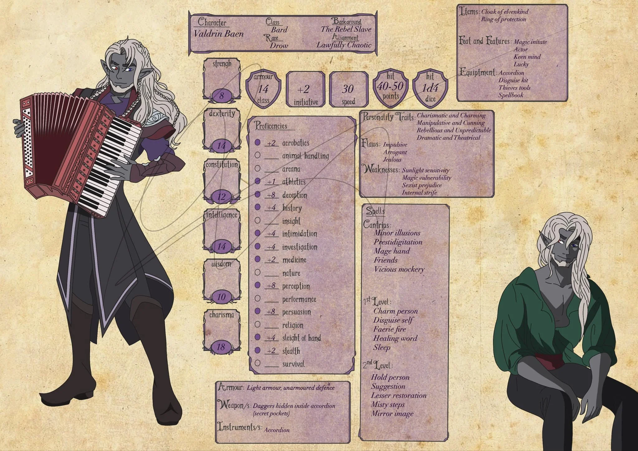 Fantasy character sheet featuring Valdrin Baen, a Drow bard with long white hair, holding an accordion. Stats, skills, personality traits, flaws, weaknesses, spells, items, and equipment details are displayed. Background is aged parchment style.