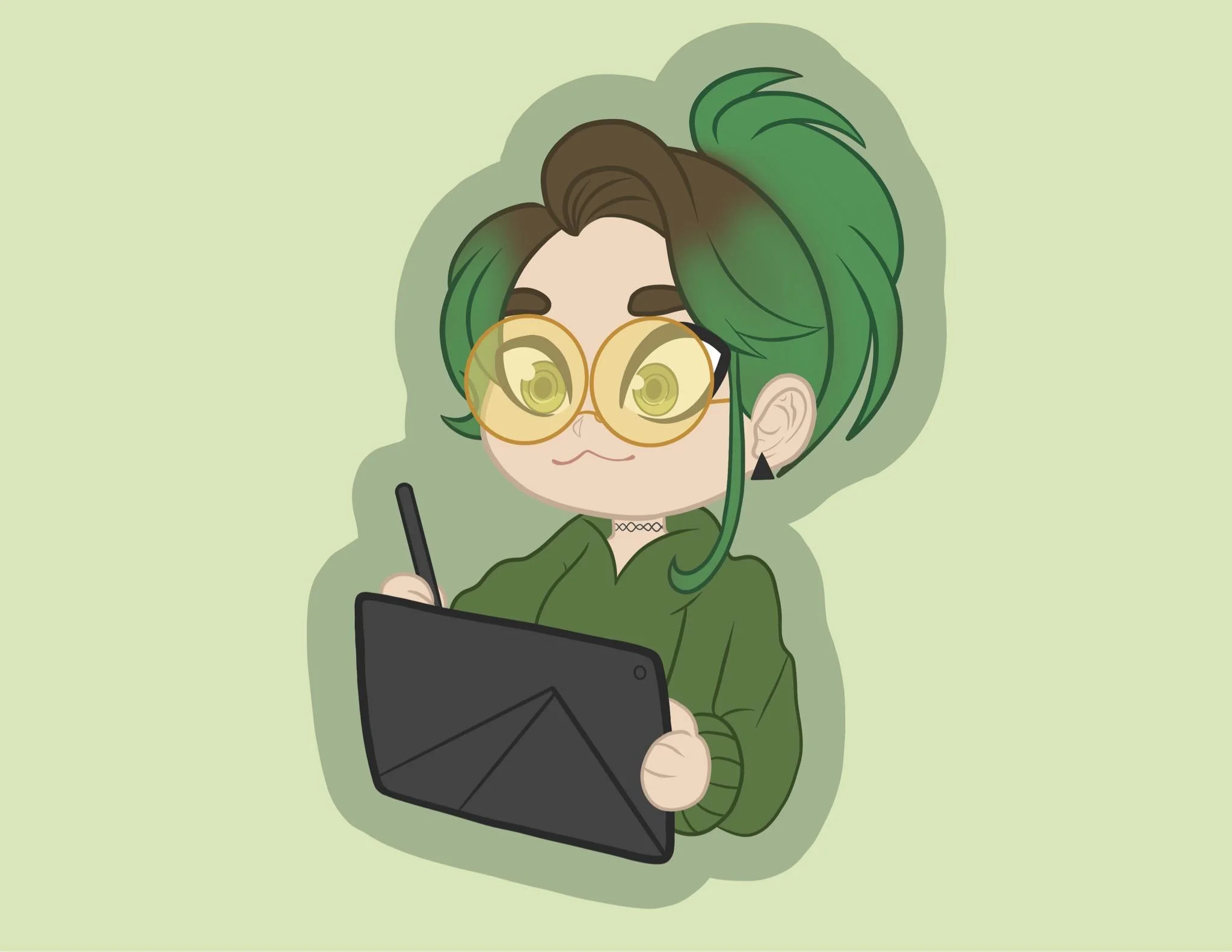 Illustration of a person with green hair and glasses using a digital tablet with a stylus.