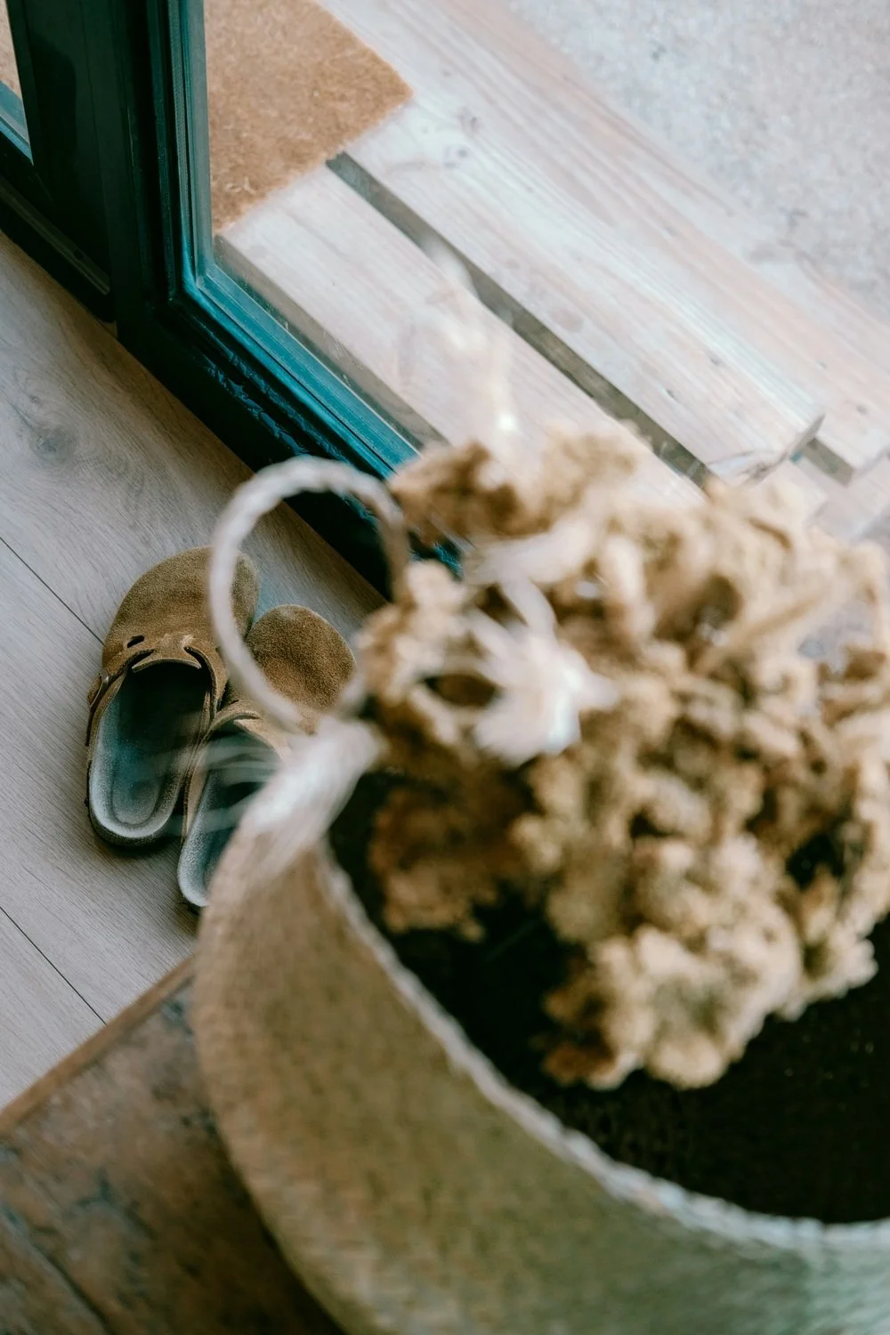 A view of a door with a doormat outside, a pair of brown slippers on a wooden floor, and a plant with twisted branches in a woven basket near the door.