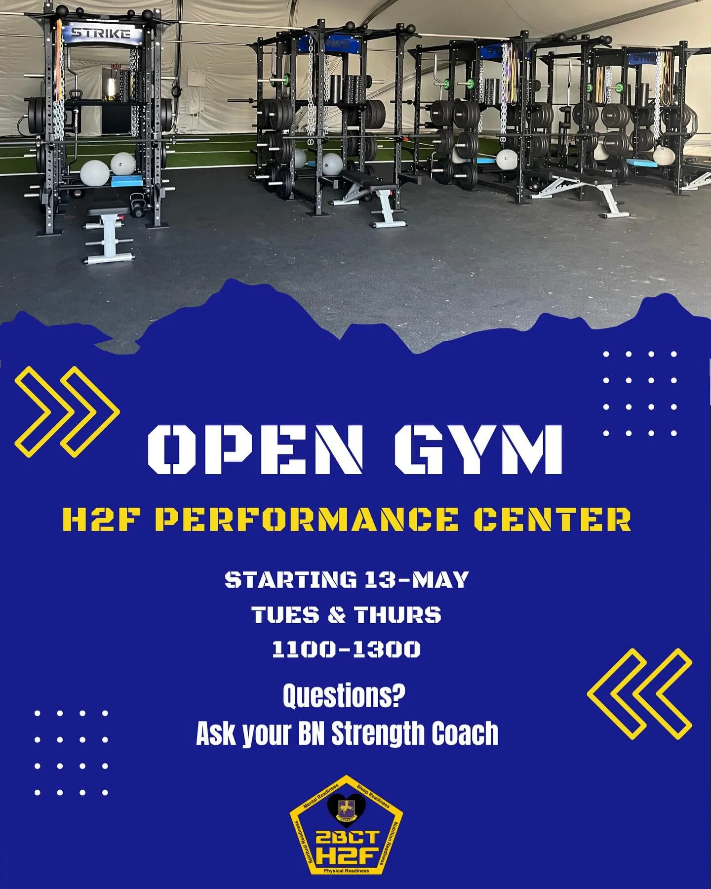 Open gym starts TOMORROW! 

Swing by the H2F Tent between 1100-1300 to get your lift in! 💪

BN Strength Coaches will be available during open gym if you need any help- form check, program guidance, etc. 

#strikeh2f #strike #h2f