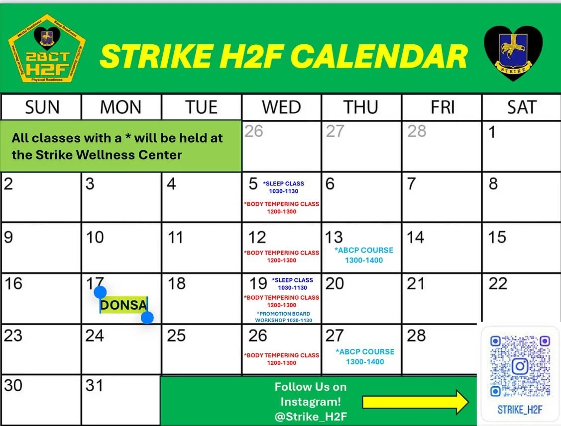 Come some of our classes out at the Strike Wellness Center

Please like and share! Want to secure your spot at one of these classes, then send us a DM!

#strikeH2F #strikebct #strengthandconditioning #physicalreadiness #mentalreadiness #nutrition #ho