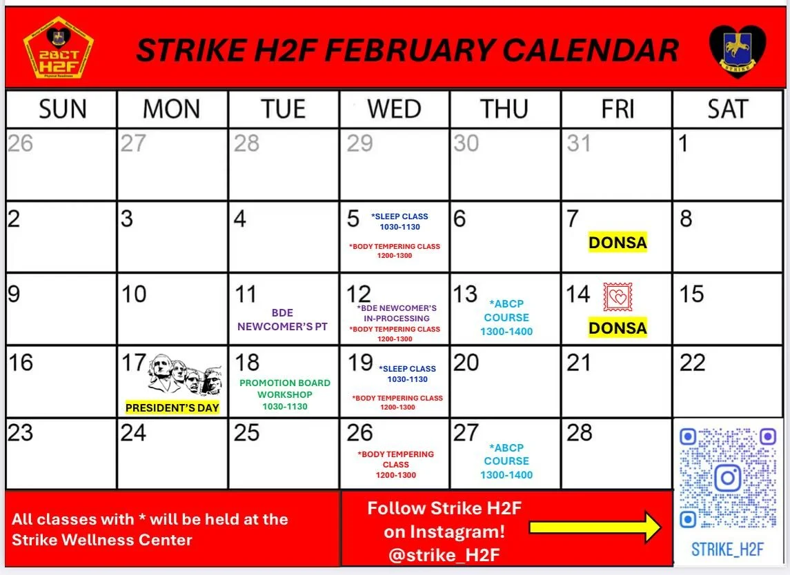 A little late but our February calendar is up! 
Come some of our classes out at the Strike Wellness Center

Please like and share! Want to secure your spot at one of these classes, then send us a DM!

#strikeH2F #strikebct #strengthandconditioning #p