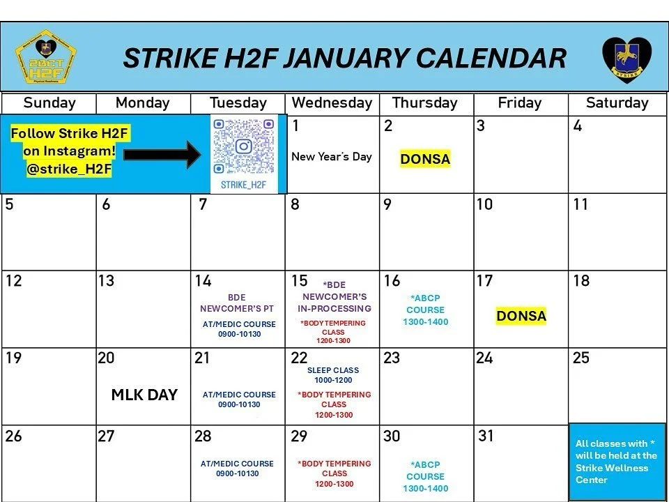 A little late but our January calendar is up! 
Come some of our classes out at the Strike Wellness Center

Please like and share! Want to secure your spot at one of these classes, then send us a DM!

#strikeH2F #strikebct #strengthandconditioning #ph