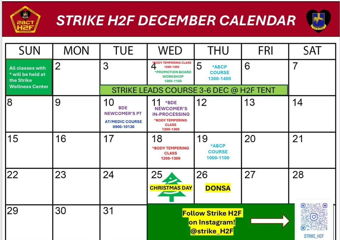 H2F Calendar for the month! 🎄

Promotion Board Workshop 
Medics Course
BDE Newcomers
Body Tempering
Sleep Class
ABCP Classes

#strikeh2f #h2f #holistichealthandfitness