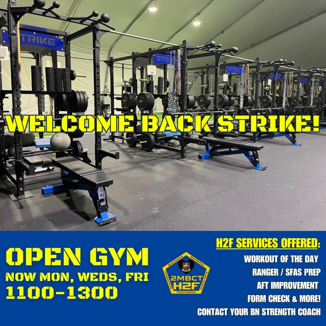 Stop by the H2F Facility to get that work in during lunch hours

1100-1300

Have questions? Shoot us a DM or ask your BN Strength Coach!

#strikeh2f