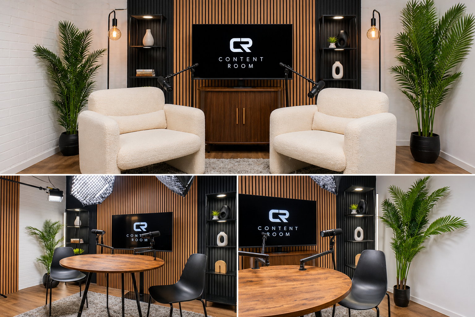 Modern studio setup with two beige armchairs, a large television screen displaying 'Content Room' and 'CR' logo, wooden and black striped wall, potted green plants, black shelving with decorative items, microphones, and studio lighting.