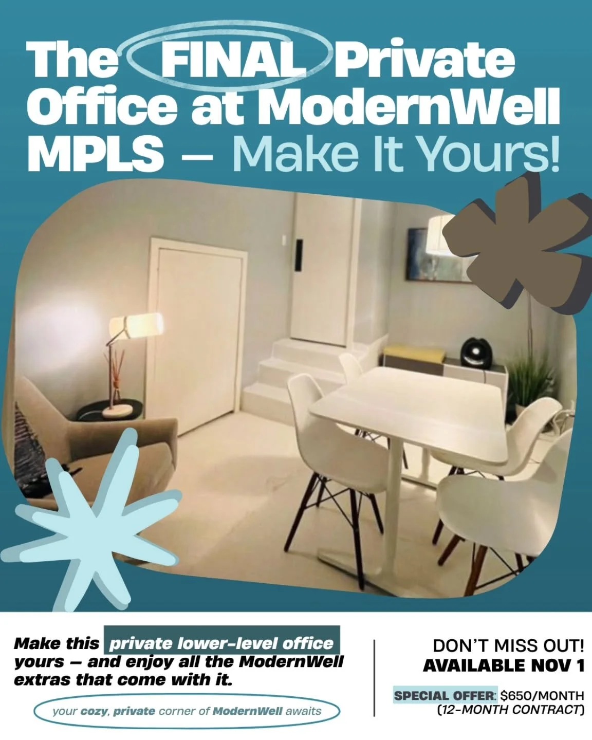 Looking for your own quiet, creative space? Our Lower Level private office at ModernWell MPLS is available starting November 1st!

Amenities include: 

Private, lockable office with its own restroom
Access to coworking space during MW hours
Business 