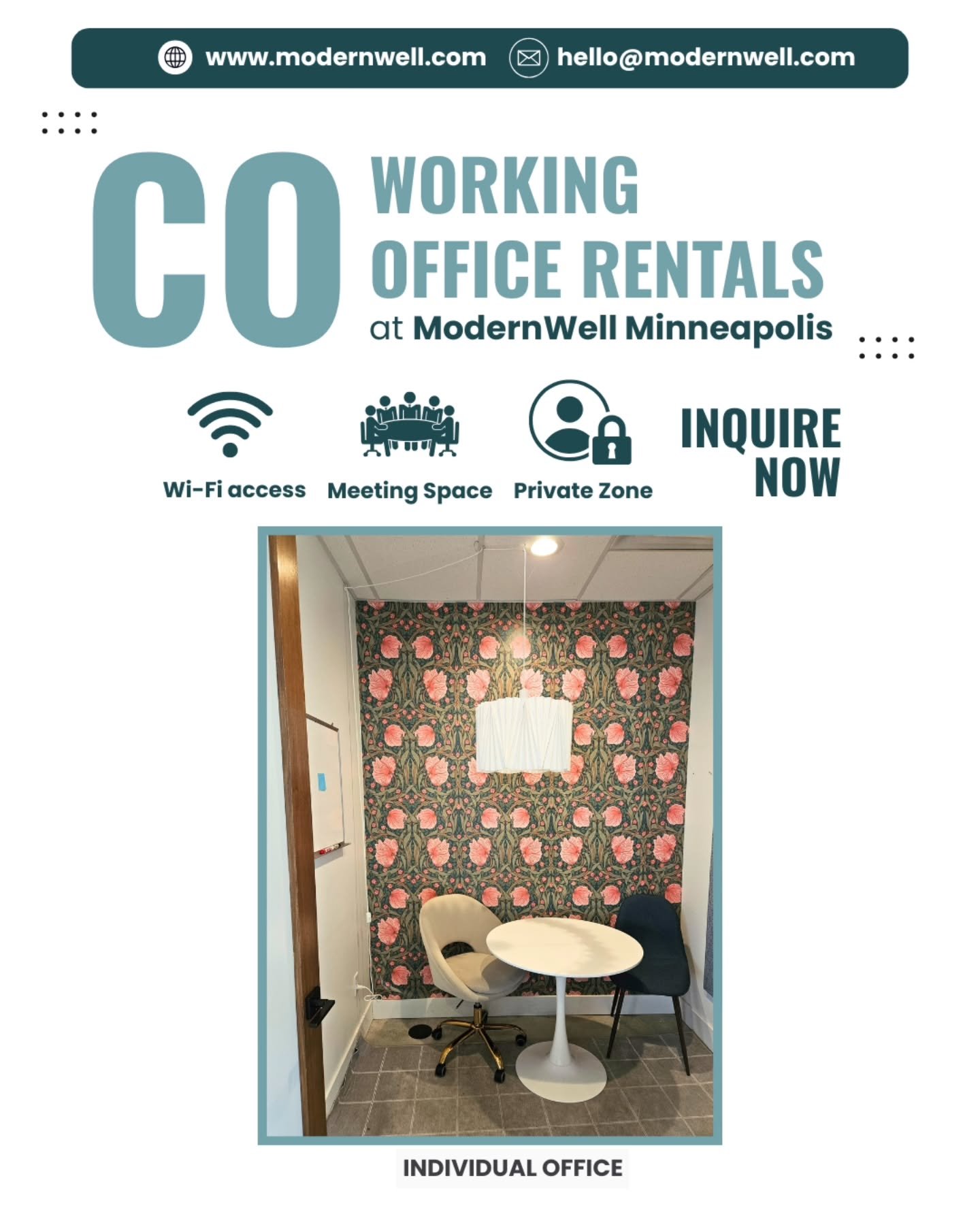 Need a dedicated office, combined with the flexibility of coworking for team members? Our individual offices are quiet, bright, and ideal for focused work and client sessions.

They&rsquo;re also a great option for small or medium-sized teams: one or