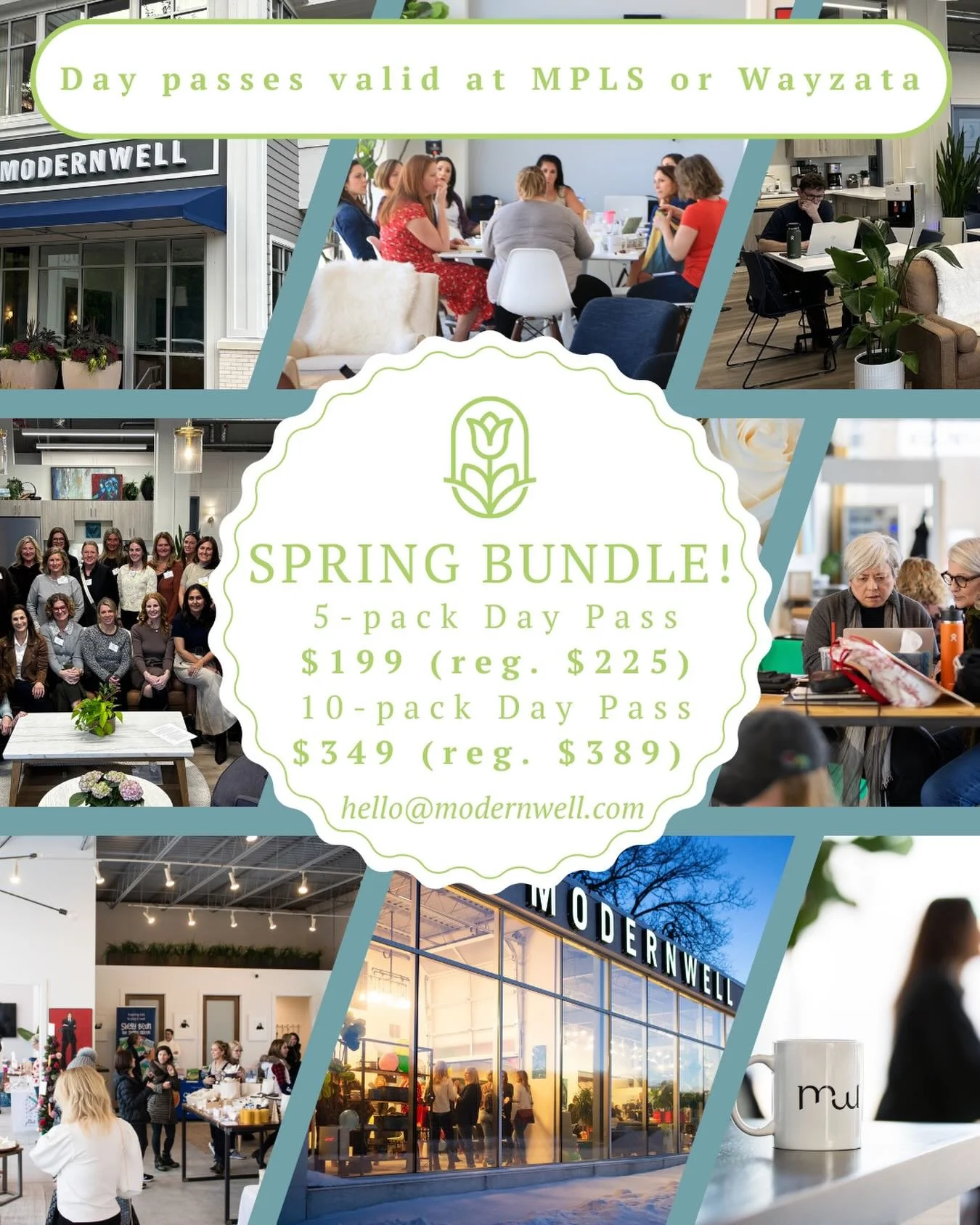 Spring into summer by upgrading your work-day scenery!

Our spring bundle is here:
5-pack day passes $199 (reg. $255)
10-pack day passes $349 (reg. $389)

&bull; Complimentary coffee, tea, and water
&bull; High speed internet and free printing
&bull;
