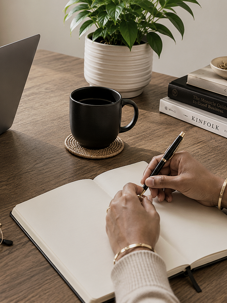 Hands writing in an open notebook beside a laptop, coffee mug, books, and plant on a wooden table.