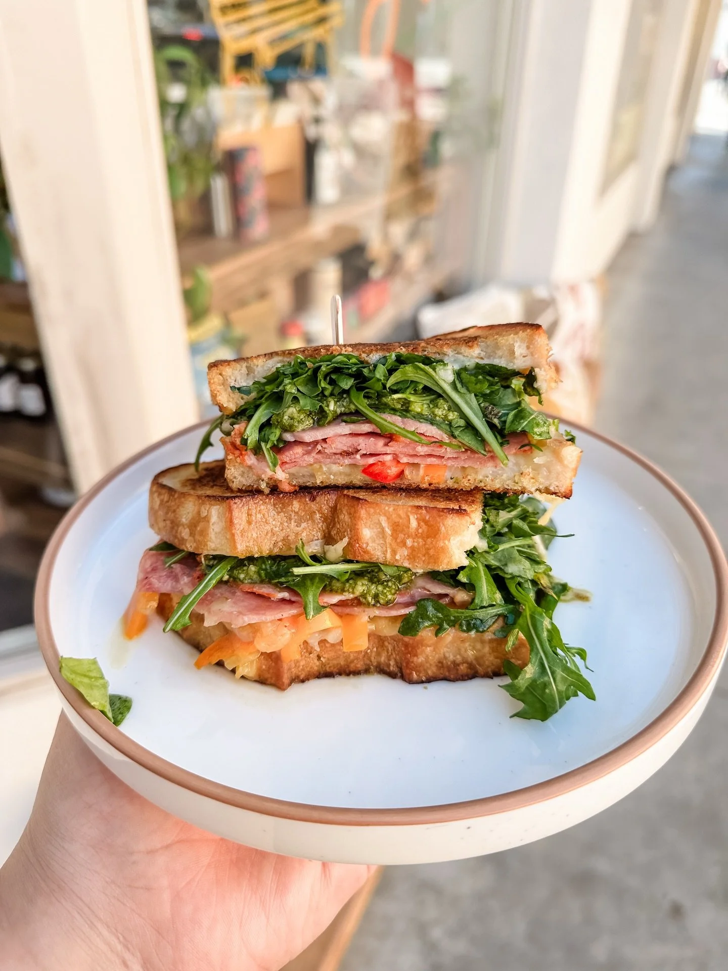 Our grilled Italian is the best kind of indulgence filled with our favorite charcuterie, provolone, our saut&eacute;ed red pepper and onion blend, pesto and tons of arugula basically making it super healthy&hellip; this one for sure will make you dro