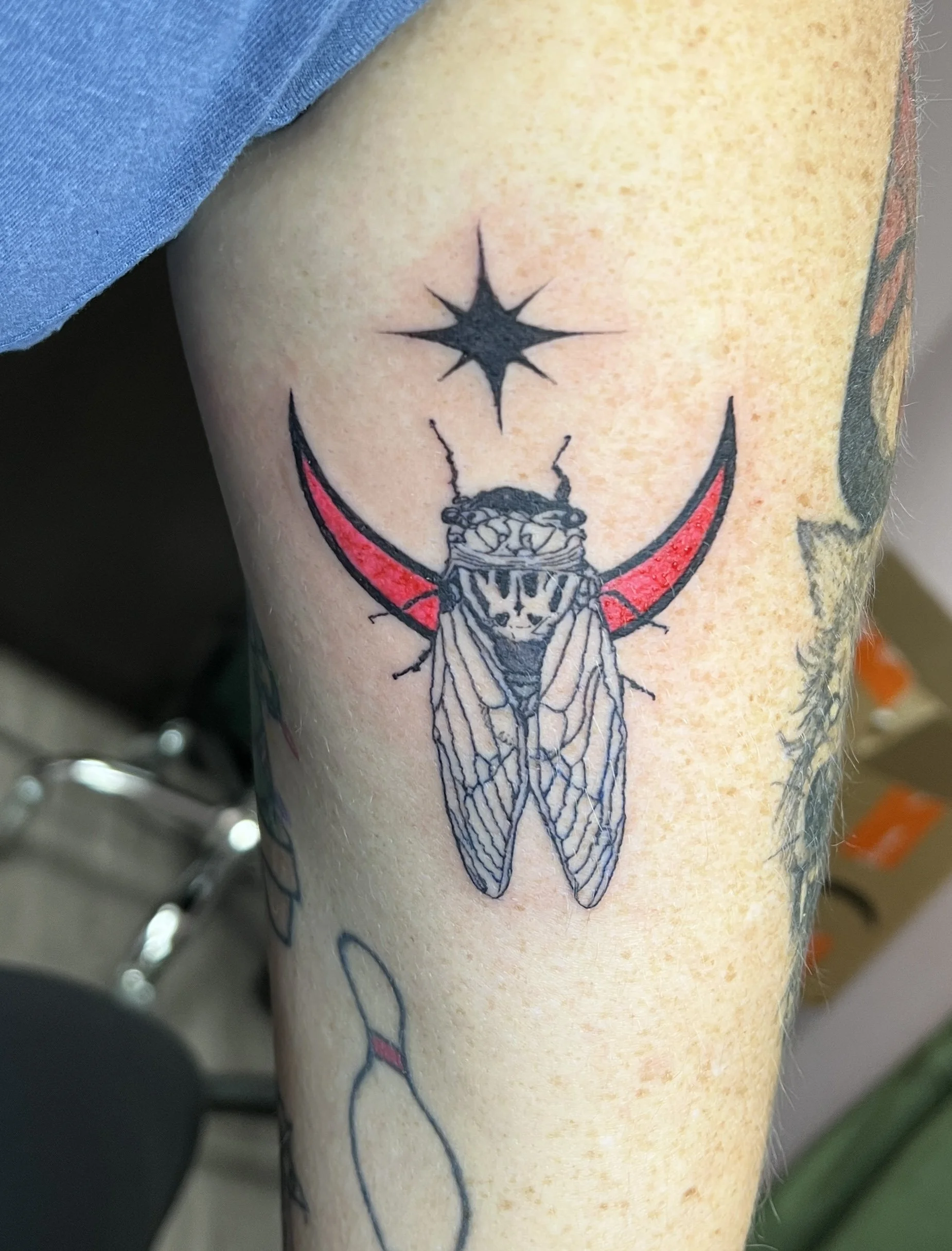 Close-up of a tattoo on a person's upper arm featuring a detailed blue and black insect with red accents, with a star above it.