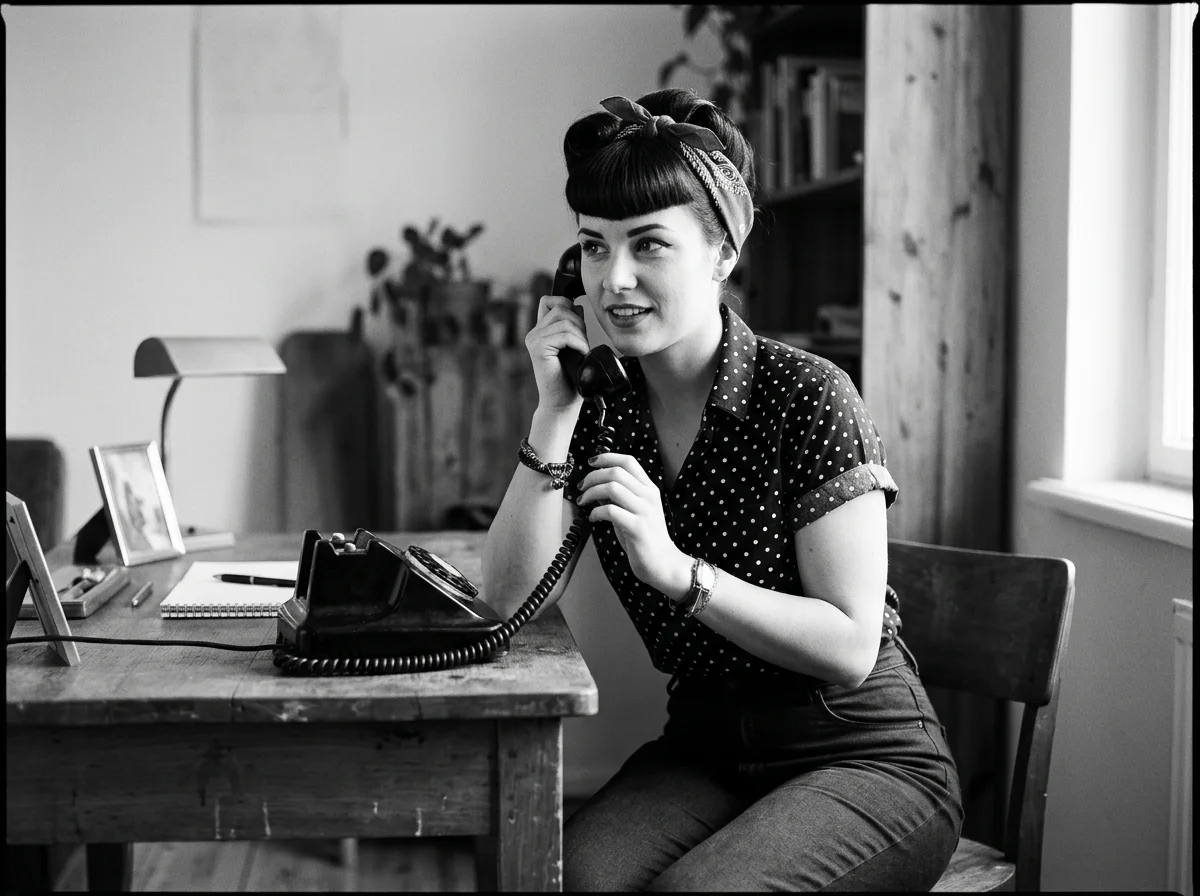 A woman with vintage style hair and polka dot shirt talking on a landline phone in an office.