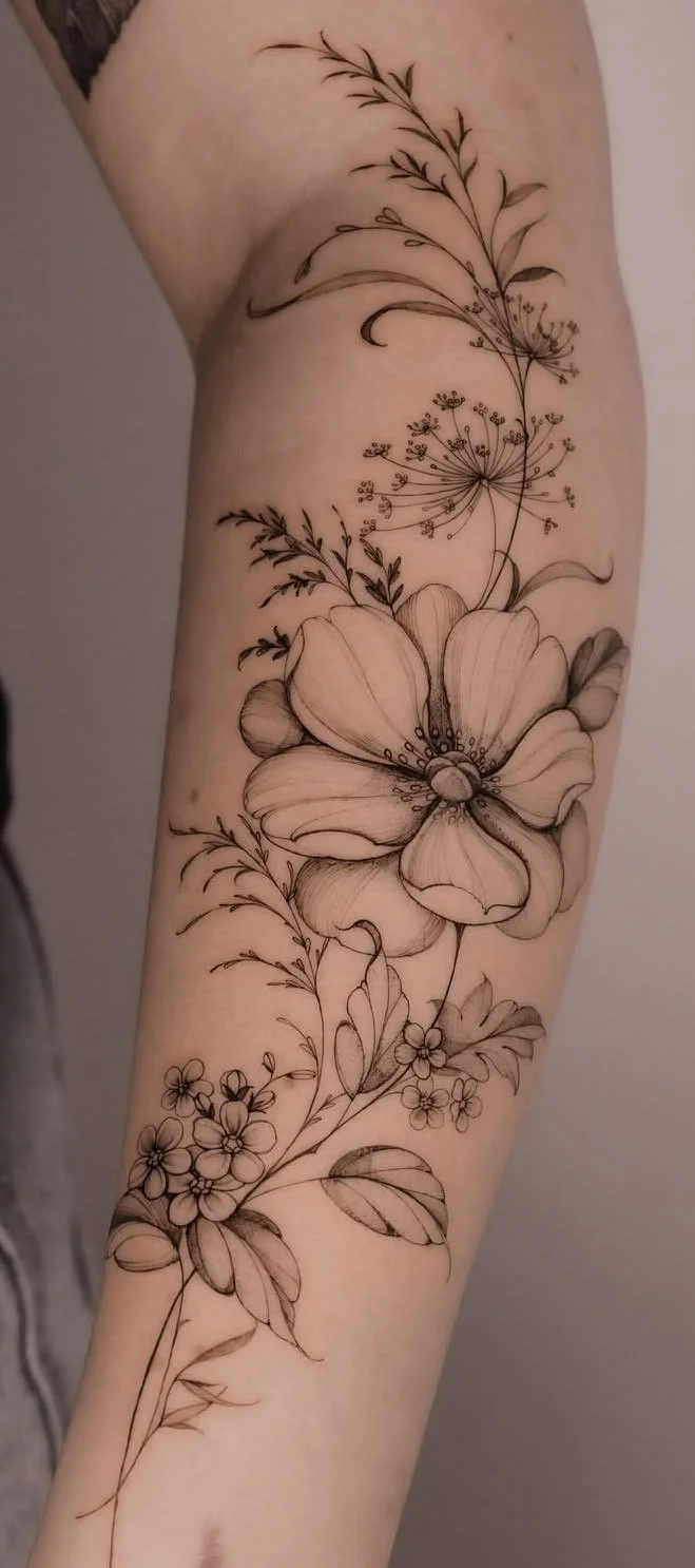 A tattoo of a large flower with smaller flowers and leaves, black ink outline on the arm.