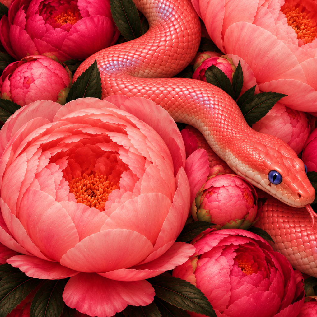 A pink snake blending among large pink peony flowers with green leaves.