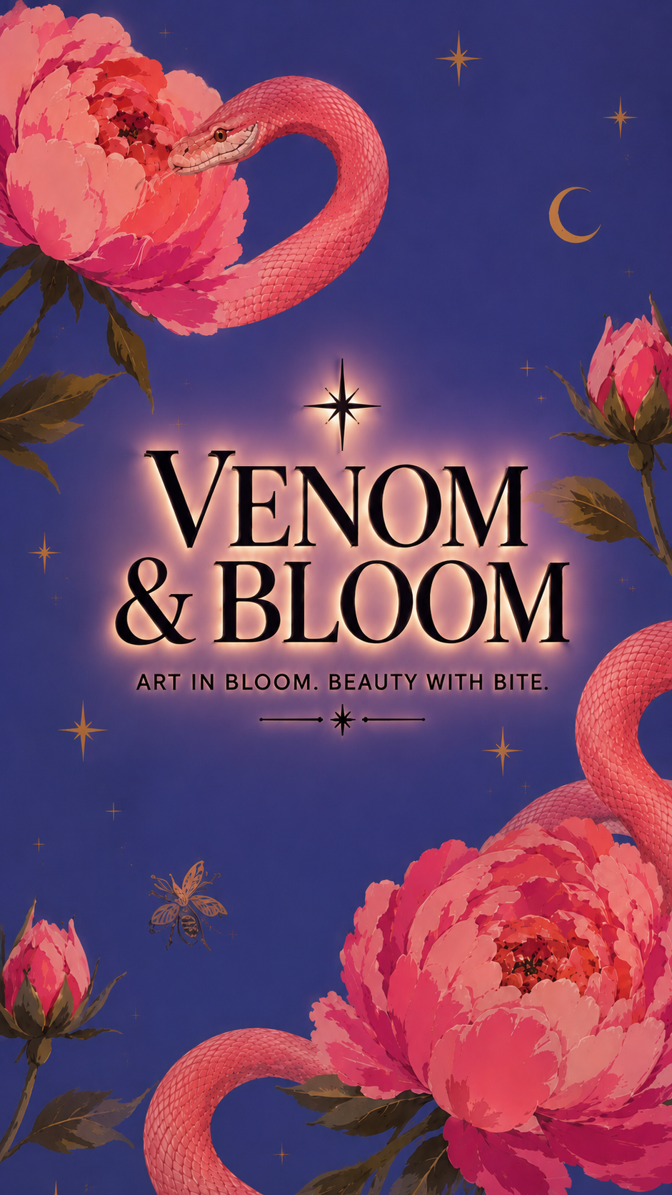 A promotional poster for Venom & Bloom featuring a pink snake and blooming pink flowers against a dark blue night sky with stars and a crescent moon. The tagline reads "Art in Bloom. Beauty with Bite."