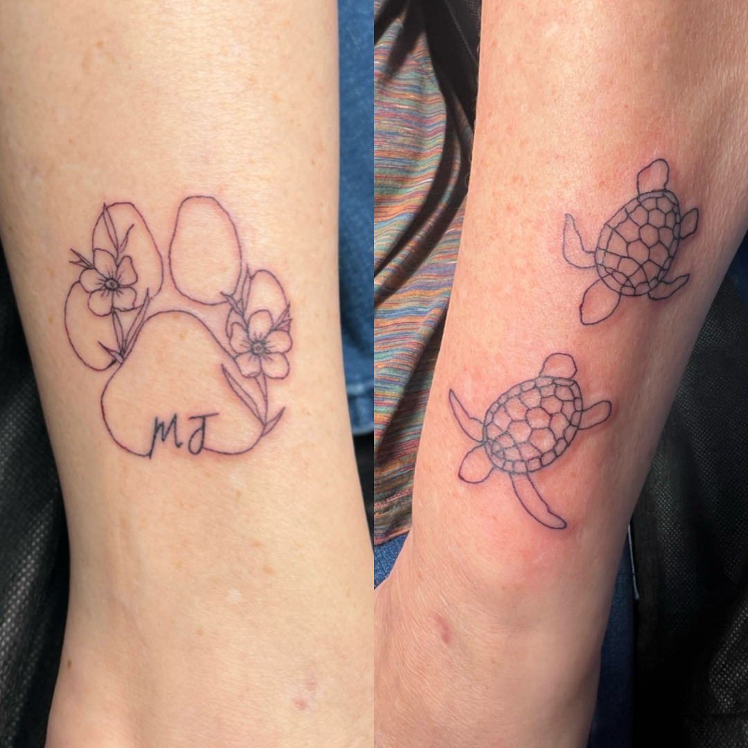 Two tattoos on different arms: one with a flower and initials 'MJ' inside an outline of a bear's face, and the other with two outlined turtles.