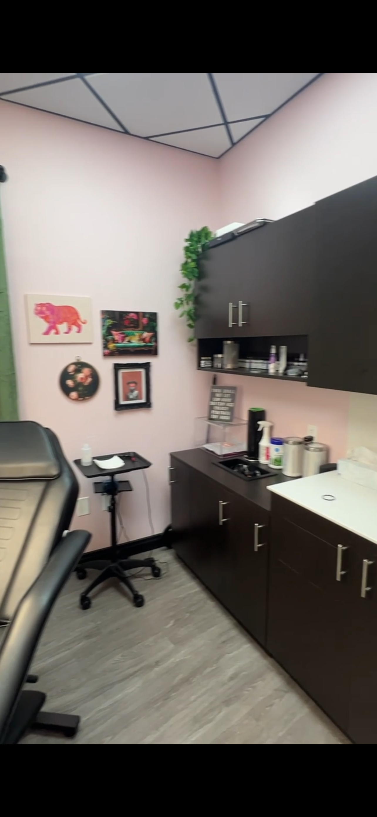 Interior of a small room with pink walls, decorated with artwork, cabinets, a black cabinet, and a small black rolling table. There is a framed picture, a small marijuana leaf plant, and art prints on the wall. Countertop with medical or office supplies, and a chair partially visible in the foreground.