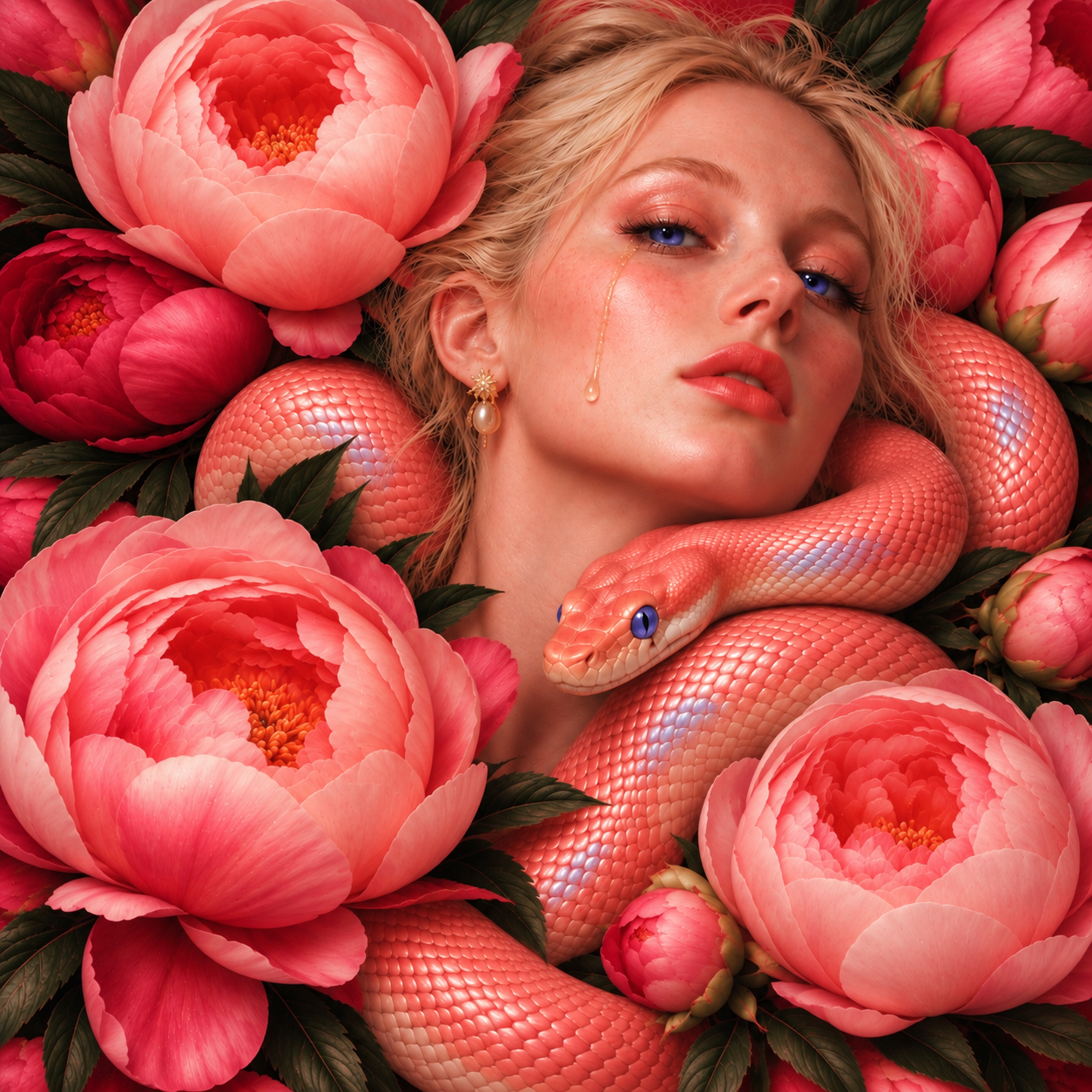 A woman with blonde hair and blue eyes resting among large pink peony flowers, with a peach-colored snake coiled around her neck and shoulders, and a teardrop-shaped tear on her face.