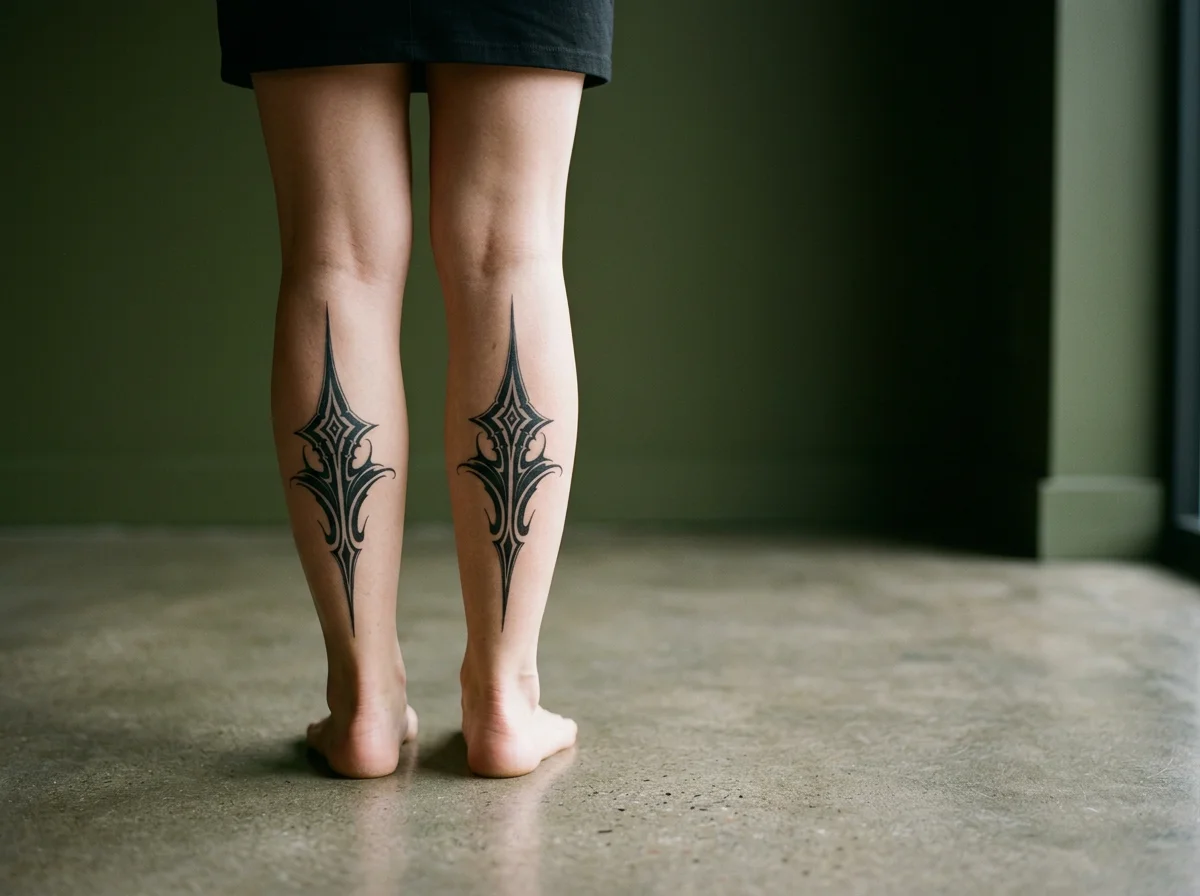 A person with tattoos on the back of their calves standing barefoot on a textured floor, wearing black shorts, with a green wall in the background.