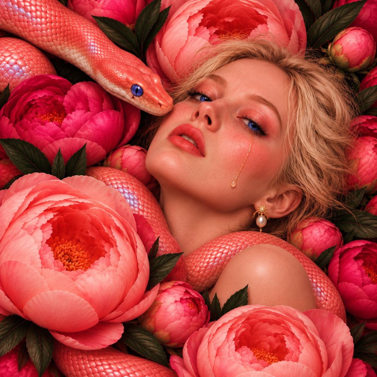 A woman with blonde curly hair, blue eyes, and earrings, lying among pink peonies and a pink snake, with a tear running down her cheek.