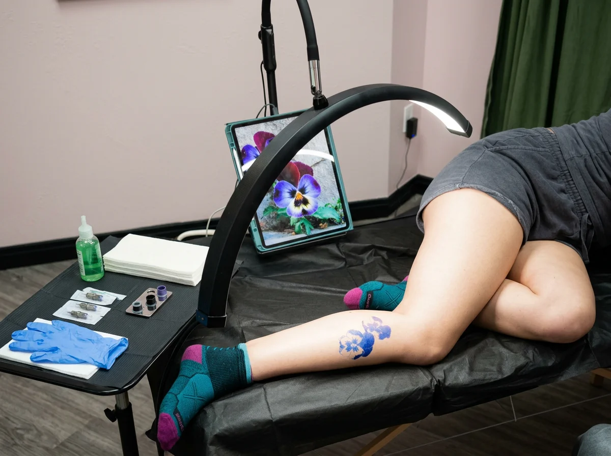 A person receiving a tattoo on their lower leg from a tattoo artist. The person is lying on their side on a black tattoo table, and the tattoo artist's equipment, including ink bottles, gloves, and cleaning supplies, is on a nearby table. A tablet with a flower image is propped up for reference.
