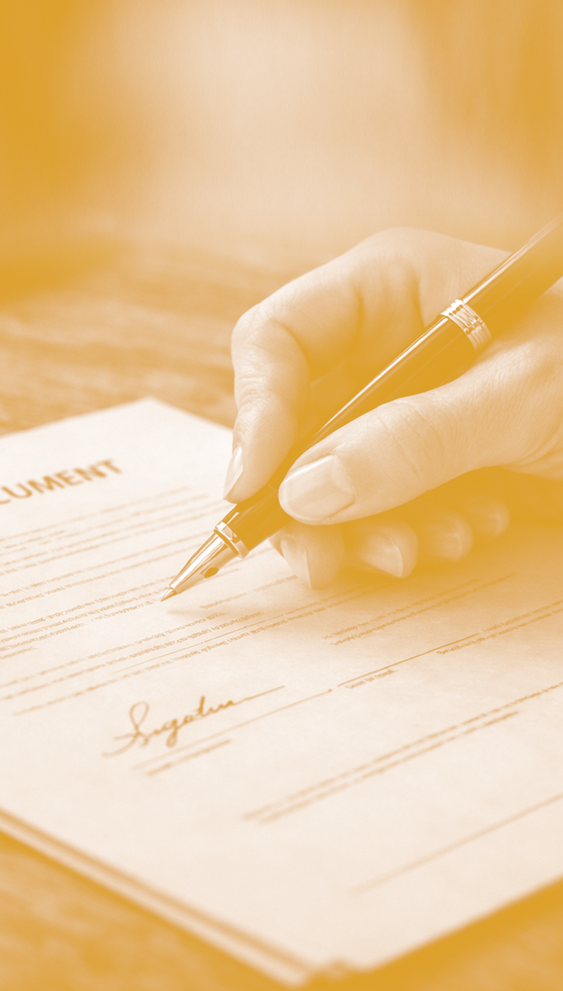 Close-up of a hand signing a document with a pen.