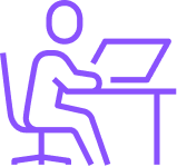 Outline drawing of a person sitting at a desk using a laptop