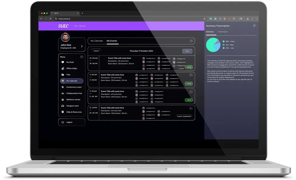 Laptop screen displaying a scheduling or calendar application called Sute with a dark theme, showing events for October 17, 2024, and a team summary pie chart on the right.