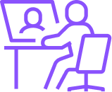 Outline drawing of a person sitting at a desk using a computer, with a monitor displaying a user icon.