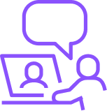 An icon of a person on a computer screen with a speech bubble above, indicating a virtual conversation or online communication.