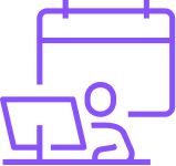 Outline of a person sitting at a desk with a computer, and a calendar or window in the background.