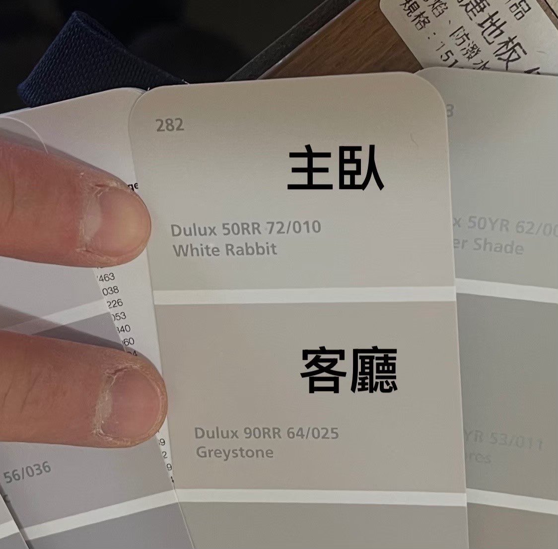 Close-up of paint color swatches with text in Chinese and English; includes Dulux colors "White Rabbit" and "Greystone."