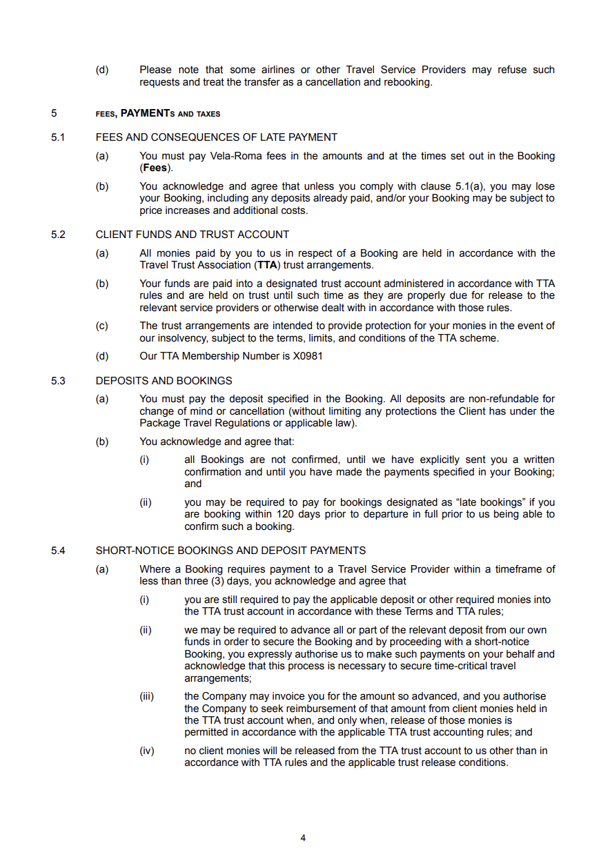 A page from a travel agency or airline booking terms and conditions document, detailing payment, deposits, and trust account policies.