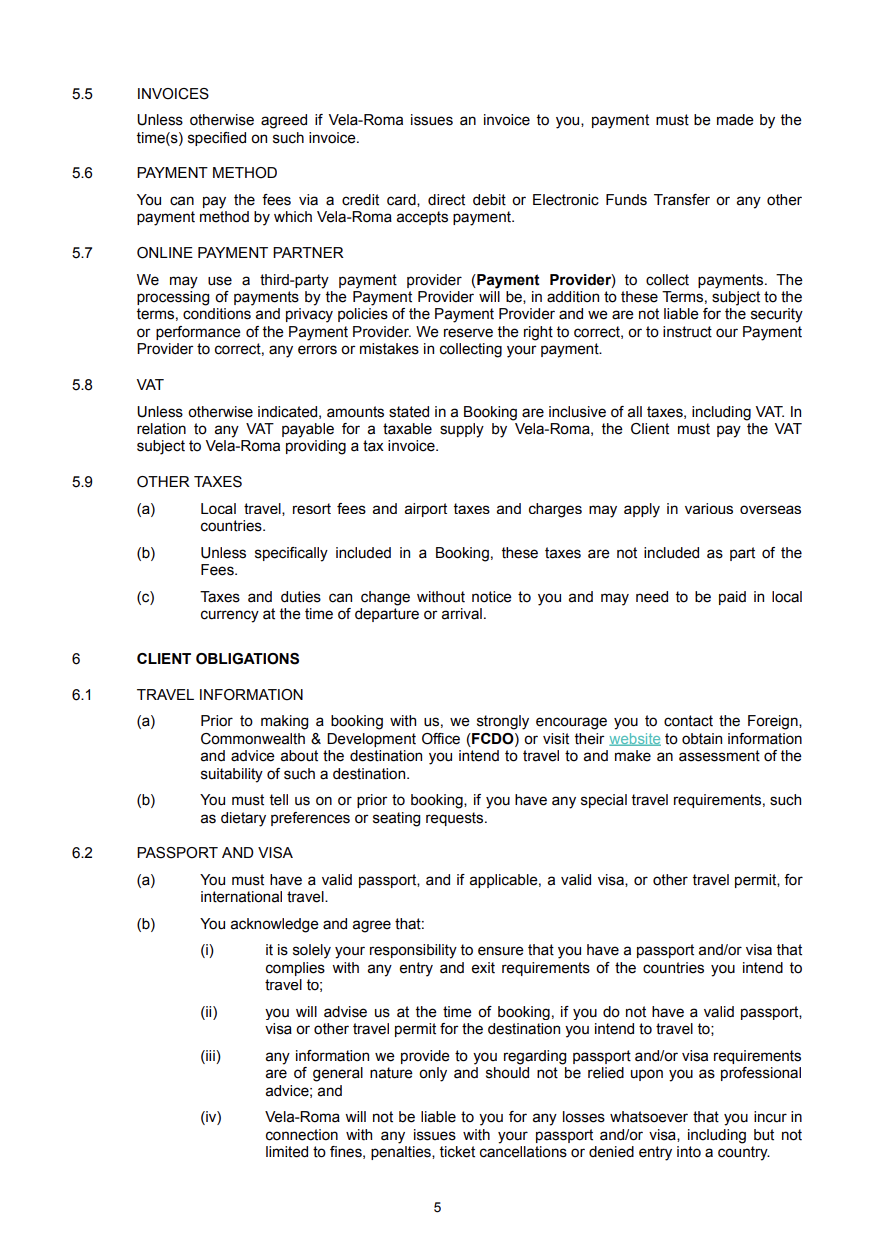 A page from a document containing policies and procedures related to invoices, payment methods, online payment, VAT, other taxes, and client obligations, including travel information and passport and visa requirements.