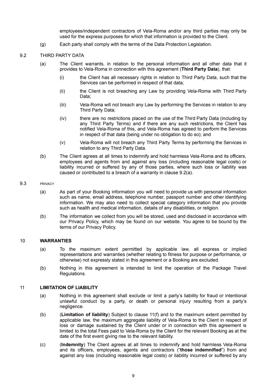 Screenshot of a legal document outlining data privacy, third-party data, warranties, and liability clauses.