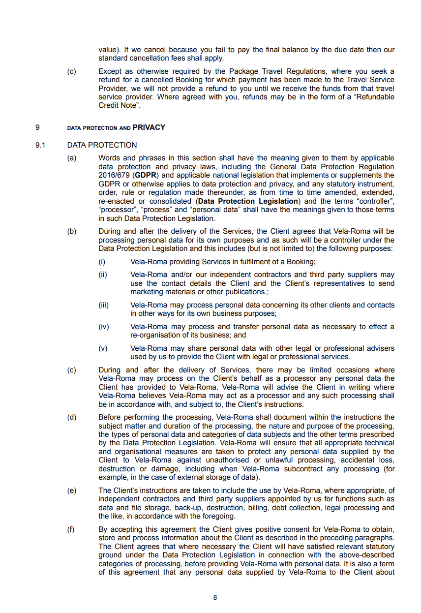 Image of a legal document page discussing data protection, privacy, and terms for processing personal data by Vela-Roma, including clauses on client data handling, processing permissions, and legal compliance.
