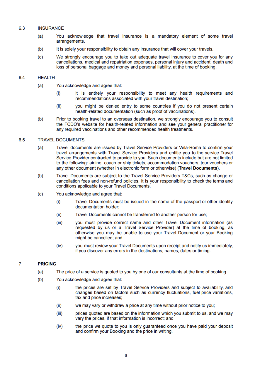 Close-up of a printed travel insurance policy document showing sections on insurance, health, travel documents, and pricing.