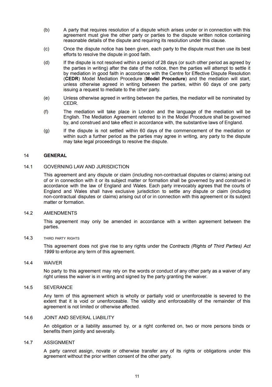Close-up of a legal or contractual document page with numbered clauses and headings, including references to dispute resolution procedures, governing law, amendments, third-party rights, waivers, severance, liability, and assignment.