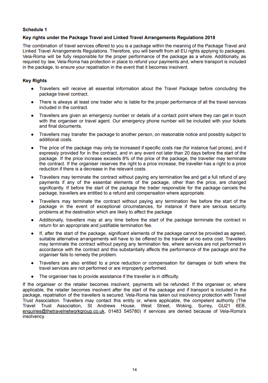 Page 14 of a document titled 'Schedule 1 Key rights under the Package Travel and Linked Travel Arrangements Regulations 2018' detailing the rights and responsibilities of travelers and organizers regarding travel packages, including contract termination, cost adjustments, refunds, and dispute resolution.