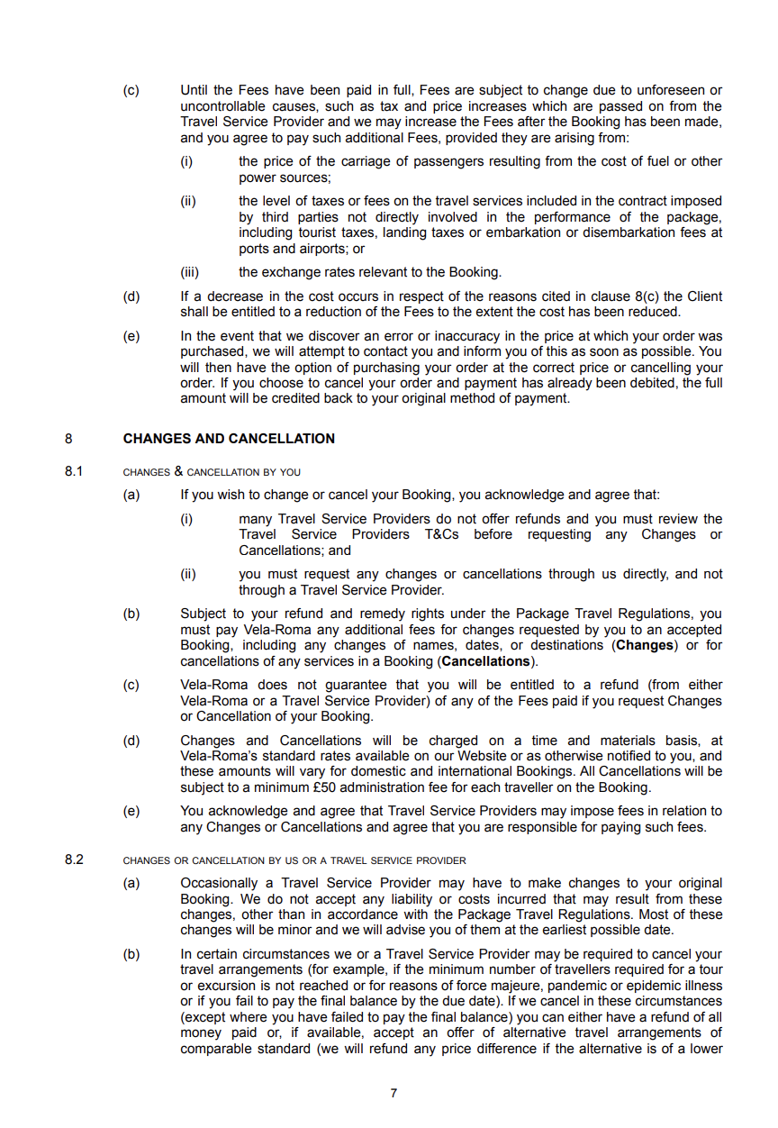 Close-up of a printed document page discussing fees, charges, and cancellation policies for travel services.